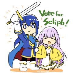 Rule 34 | 1boy, 1girl, blue cape, blue hair, brother and sister, cape, circlet, closed eyes, dress, english text, fire emblem, fire emblem: genealogy of the holy war, julia (fire emblem), long hair, nintendo, pom pom (clothes), ponytail, purple cape, purple hair, seliph (fire emblem), siblings, simple background, yukia (firstaid0)