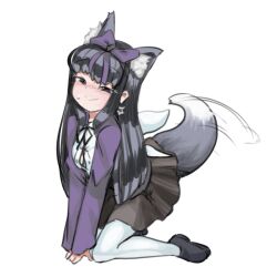 Rule 34 | 1girl, animal ears, black eyes, black footwear, black hair, black ribbon, black skirt, blush, bow, breasts, button gap, closed mouth, commentary request, cookie (touhou), dog ears, dog girl, dog tail, ear blush, earrings, fairy wings, full body, hair bow, hime cut, jacket, jewelry, kemonomimi mode, kirai (hatetenn), kneeling, long hair, long sleeves, looking at viewer, neck ribbon, nose blush, pantyhose, purple bow, purple eyes, purple jacket, ribbon, shirt, shoes, shunga youkyu, simple background, skirt, small breasts, smile, solo, star (symbol), star earrings, star sapphire, tail, tail wagging, touhou, white background, white pantyhose, white shirt, wings