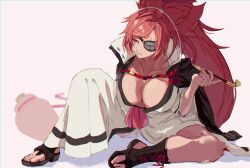 Rule 34 | 1girl, absurdres, arere r, baiken, big hair, black jacket, black kimono, breasts, cleavage, eyepatch, facial tattoo, guilty gear, guilty gear strive, highres, holding, holding smoking pipe, jacket, jacket on shoulders, japanese clothes, kataginu, kimono, large breasts, long hair, multicolored clothes, multicolored kimono, one-eyed, open clothes, open kimono, pink hair, ponytail, red eyes, samurai, sandals, scar, scar across eye, scar on face, smoking pipe, tattoo, white kimono