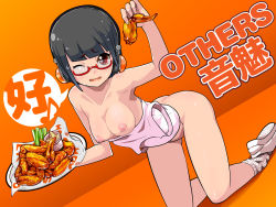 Rule 34 | 1girl, ass, black hair, blush, borrowed character, bottomless, brand name imitation, breasts, character name, chicken (food), chicken wing, clothes pull, employee uniform, food, glasses, headphones, highres, hooters, large breasts, looking at viewer, loose socks, nemi (tasoyani), nipples, one eye closed, open mouth, original, osamu yagi, plate, red eyes, shirt, shirt pull, shirt tug, shoes, short hair, smile, sneakers, socks, solo, sweat, tank top, uniform