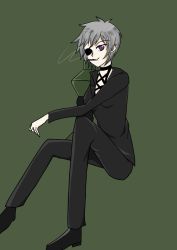 Rule 34 | 10s, 1girl, akame ga kill!, arm on knee, breasts, business suit, cigarette, eyepatch, formal, green background, looking at viewer, single mechanical arm, najenda, purple eyes, short hair, silver hair, simple background, sitting, smile, smoke, smoking, solo, suit, tomboy