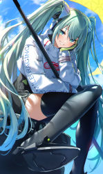 Rule 34 | 1girl, :d, aqua eyes, aqua hair, black bodysuit, black footwear, black thighhighs, blue sky, blush, bodysuit, clenched teeth, clothes writing, cloud, crop top, day, flag, gloves, green gloves, grin, hand on own cheek, hand on own face, hatsune miku, highres, jacket, kakutasu, long hair, long sleeves, looking at viewer, open mouth, outdoors, parted lips, racing miku, racing miku (2022), shoe soles, shoes, single thighhigh, sitting, sky, smile, solo, teeth, thighhighs, twintails, very long hair, vocaloid, white jacket