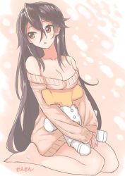Rule 34 | 10s, 1girl, alternate costume, artist name, bare shoulders, barefoot, black hair, blush, breasts, brown eyes, cleavage, full body, hair between eyes, haruna (kancolle), kantai collection, long hair, looking away, military, military uniform, naval uniform, open mouth, sensen, sitting, sleeves past wrists, stuffed toy, sweater, t-head admiral, uniform, very long hair