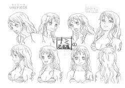 Rule 34 | 1girl, absurdres, bikini, bikini top only, breasts, character sheet, earrings, highres, jewelry, large breasts, long hair, looking at viewer, monochrome, nami (one piece), navel, official art, one piece, scan, shoulder tattoo, simple background, swimsuit, tattoo, translation request, upper body, very long hair