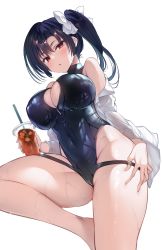 Rule 34 | 1girl, black hair, black one-piece swimsuit, breasts, cleavage, collared shirt, commentary request, covered navel, cup, disposable cup, dress shirt, drinking straw, hair ribbon, highres, ice, ice cube, iced tea, large breasts, looking at viewer, one-piece swimsuit, original, parted lips, red eyes, ribbon, sanshoku amido, shirt, side ponytail, simple background, solo, swimsuit, taut clothes, taut swimsuit, thick thighs, thighs, wet, white background, white shirt