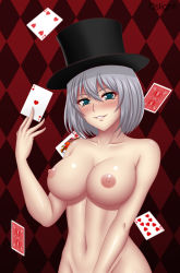 Rule 34 | 1girl, aqua eyes, blush, breasts, card, checkered background, hat, holding, holding card, large breasts, looking at viewer, naked hat, navel, nipples, nude, oslight, out-of-frame censoring, parted lips, short hair, silver hair, smile, solo, standing, teeth, tejina senpai, tejina senpai (series)