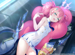 Rule 34 | 1girl, ahoge, aqua eyes, bag, blue archive, blue necktie, blush, breasts, chips (food), commentary request, couch, covered navel, dress, eyelashes, food, hair between eyes, hair ornament, halo, highres, holding, holding food, holographic interface, horns, looking at viewer, lying, matanonki, momoka (blue archive), necktie, official art, on side, open mouth, pointy ears, potato chips, sharp teeth, short dress, small breasts, solo, tail, teeth, twintails