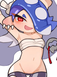 Rule 34 | 1girl, arms up, blue hair, breasts, cephalopod eyes, chest sarashi, earrings, groin, hair over one eye, jewelry, lowleg, lowleg pants, nintendo, octoling, open mouth, pants, red eyes, sarashi, shiver (splatoon), small breasts, smile, solo, splatoon (series), splatoon 3, suction cups, suiran (suiran2822), tentacle hair, tooth earrings, upper body