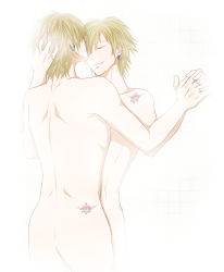 Rule 34 | 10s, 2boys, ass, back, blonde hair, dramatical murder, earrings, closed eyes, holding hands, hand on head, jewelry, male focus, multiple boys, nude, smile, tattoo, trip (dramatical murder), virus (dramatical murder), yaoi