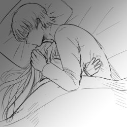 Rule 34 | 1boy, 1girl, aida kensuke, beard, bed sheet, blush, evangelion: 3.0+1.0 thrice upon a time, facial hair, from above, head on chest, holding, long hair, lying, neon genesis evangelion, aged up, pillow, rebuild of evangelion, sleeping, souryuu asuka langley