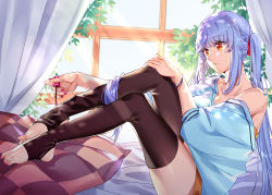 Rule 34 | 1girl, absurdres, aer (tengqiu), azur lane, curtains, essex (warship girls r), highres, nail polish, pillow, red eyes, red nails, silver hair, solo, stirrup legwear, toeless legwear, toenail polish, toenails, toes, twintails, warship girls r, window