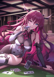 Rule 34 | 1girl, absurdres, arm support, asymmetrical bangs, bare shoulders, blush, bow, breasts, bridal gauntlets, card, casino, chocofox, cleavage, collarbone, demon girl, demon horns, gauntlets, heterochromia, highres, holding, holding card, hololive, hololive english, horns, indoors, irys (hololive), large breasts, leotard, long hair, looking at viewer, multicolored hair, multiple horns, playing card, pointy ears, poker table, see-through, single leg pantyhose, single thighhigh, smile, solo, table, thighhighs, thighs, tight clothes, very long hair, virtual youtuber