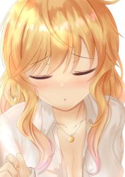 Rule 34 | 1girl, blonde hair, blush, breasts, cleavage, close-up, closed mouth, closed eyes, facing viewer, highres, idolmaster, idolmaster cinderella girls, incoming kiss, jewelry, long hair, necklace, ohtsuki yui, open clothes, open shirt, pov, shirt, simple background, solo, temichama, upper body, wavy hair, white background, white shirt