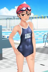 Rule 34 | 1girl, absurdres, black hair, blue one-piece swimsuit, blue sky, brown eyes, cloud, commentary request, competition school swimsuit, covered navel, day, feet out of frame, goggles, goggles on head, hand on own hip, highres, lane line, name tag, one-piece swimsuit, original, outdoors, pool, pool ladder, red headwear, school swimsuit, short hair, sky, solo, standing, starting block, string of flags, swim cap, swimsuit, takafumi, tan, tomboy, variant set