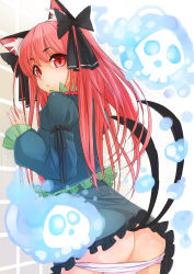 Rule 34 | 1girl, alternate hairstyle, animal ears, aqua dress, ass, ass support, bow, butt crack, cat ears, cat tail, dress, floating skull, hair bow, highres, juliet sleeves, kaenbyou rin, long hair, long sleeves, looking at viewer, maru-pen, multiple tails, nekomata, panties, panty pull, pink panties, puffy sleeves, red eyes, red hair, solo, striped clothes, striped panties, tail, touhou, two tails, underwear, very long hair