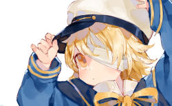 Rule 34 | 1boy, :/, adjusting clothes, adjusting headwear, bandage over one eye, blonde hair, blush, bow, child, flipped hair, hand on headwear, hat, high collar, highres, long sleeves, looking up, male focus, medium hair, nemui (nemuriyagi), oliver (vocaloid), sailor collar, sailor hat, solo, vocaloid, yellow eyes