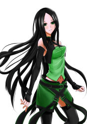 Rule 34 | 1girl, absurdres, black hair, black thighhighs, breasts, cleavage, detached sleeves, freze, green eyes, green shirt, green skirt, highres, long hair, looking at viewer, midriff, navel, original, shirt, simple background, skirt, solo, thighhighs, white background