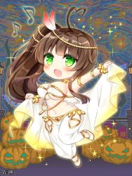 Rule 34 | 1girl, :d, ahoge, bare shoulders, blush, breasts, brown hair, character request, chibi, dairoku ryouhei, eighth note, fang, fence, full body, green eyes, halloween, heart, heart ahoge, hip vent, holding, jack-o&#039;-lantern, lamppost, large breasts, looking away, musical note, navel, open mouth, outstretched arm, pants, shikito (yawa0w0), side ponytail, smile, solo, sparkle, white pants