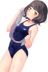 Rule 34 | 1girl, black hair, blue one-piece swimsuit, blunt bangs, collarbone, cowboy shot, from side, kantai collection, kishinami (kancolle), looking at viewer, new school swimsuit, one-piece swimsuit, school swimsuit, short hair, simple background, solo, standing, swimsuit, tks (526tks), towel, wavy hair, wet, white background, yellow eyes