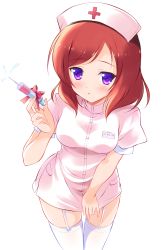 Rule 34 | 10s, 1girl, bow, breasts, garter straps, hat, highres, looking at viewer, love live!, love live! school idol festival, love live! school idol project, medium breasts, name tag, nishikino maki, nurse, nurse cap, purple eyes, red hair, short hair, short sleeves, simple background, solo, syringe, thighhighs, white background, white thighhighs, yagami-all hail nanao