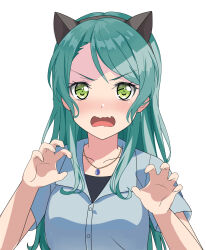 1girl animal_ears aqua_hair bang_dream! claw_pose commentary dress_shirt english_commentary fake_animal_ears fang fries_vanquisher green_eyes grey_shirt highres hikawa_sayo jewelry long_hair necklace open_mouth shade shirt short_sleeves simple_background skin_fang solo upper_body wavy_mouth white_background