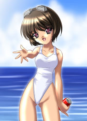 Rule 34 | 00s, bad anatomy, can, drink can, goggles, highleg, highleg swimsuit, masakichi (crossroad), one-piece swimsuit, rinrin (sister princess), sister princess, soda can, solo, swimsuit, water, white one-piece swimsuit