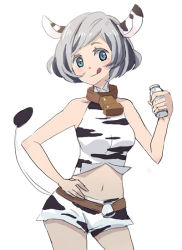 Rule 34 | 1girl, :p, :q, animal ears, animal print, apupu, bell, neck bell, collar, cow ears, cow girl, cow print, cow tail, milk, original, shorts, solo, tail, tongue, tongue out