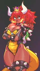 Rule 34 | 1girl, alternate color, alternate costume, armlet, bare shoulders, black background, black legwear, black nails, blowing kiss, bowsette, bracelet, breasts, breath weapon, breathing fire, bursting breasts, chain chomp, cleavage, collar, colored skin, commentary, cowboy shot, crossed arms, crown, dark-skinned female, dark skin, earrings, elbow gloves, english commentary, eymbee, fingernails, fire, freckles, gloves, green skin, highleg, highleg leotard, highres, horns, jewelry, leotard, lips, long hair, long tail, mario (series), multicolored skin, nail polish, new super mario bros. u deluxe, nintendo, parted lips, pointy ears, ponytail, red hair, reptilian, sharp fingernails, sharp teeth, solo, spiked armlet, spiked bracelet, spiked collar, spiked shell, spiked tail, spikes, super crown, tail, teeth, thick eyebrows, thick thighs, thighs, torn clothes, torn gloves, torn legwear, turtle shell, two-tone skin