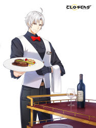 Rule 34 | 1boy, ahoge, alternate hair color, asparagus, badge, belt, black gloves, black pants, black shirt, bottle, bow, bowtie, cart, cherry tomato, closed mouth, closers, collared shirt, copyright name, cowboy shot, cup, drinking glass, food, gloves, grey eyes, hands up, highres, holding, holding plate, j (closers), logo, looking down, male focus, official art, pants, parted bangs, plate, red bow, red bowtie, serving cart, shirt, short hair, sleeves past elbows, smile, solo, steak, tomato, towel, towel on arm, traditional bowtie, vest, waistcoat, waiter, white background, white belt, white hair, white towel, white vest, wine bottle, wine glass