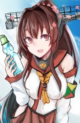 Rule 34 | 10s, 1girl, :d, armband, bare shoulders, blue sky, bottle, brown hair, day, detached sleeves, flower, hair flower, hair ornament, headgear, high ponytail, hip vent, kantai collection, kitunemimi, leaning forward, looking at viewer, nyakonro (nekonro), open mouth, pleated skirt, ponytail, ramune, red skirt, sailor collar, side slit, skirt, sky, smile, solo, yamato (kancolle)