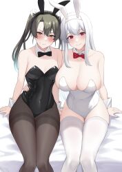 Rule 34 | 2girls, alternate costume, animal ears, arm around waist, asymmetrical bangs, bare shoulders, bed sheet, black bow, black bowtie, black leotard, black pantyhose, blush, bow, bowtie, breasts, brown eyes, cleavage, collarbone, commentary request, covered navel, dark green hair, detached collar, fake animal ears, frown, hair ribbon, highres, kantai collection, large breasts, leotard, long hair, looking at viewer, multiple girls, pantyhose, playboy bunny, rabbit ears, red bow, red bowtie, red eyes, ribbon, shoukaku (kancolle), sitting, size difference, small breasts, smile, straight hair, sweatdrop, takaman (gaffe), thighband pantyhose, thighhighs, twintails, white background, white hair, white leotard, white ribbon, white thighhighs, white wrist cuffs, wrist cuffs, zuikaku (kancolle)