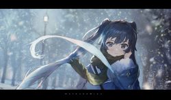 Rule 34 | 1girl, bare tree, blue coat, blue eyes, blue hair, blurry, blurry background, character name, closed mouth, coat, depth of field, fur-trimmed coat, fur trim, hair between eyes, hand up, hatsune miku, highres, hirooriginals, lamppost, letterboxed, light blush, long hair, looking at viewer, scarf, smile, snow, snowing, solo, striped clothes, striped scarf, tree, twintails, upper body, vertical-striped clothes, vertical-striped scarf, vocaloid, winter, winter clothes, winter coat, yellow scarf