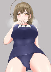Rule 34 | 1girl, ahoge, bare shoulders, blue one-piece swimsuit, blush, breast press, breasts, brown eyes, brown hair, closed mouth, covered navel, from below, gluteal fold, grey background, highres, idolmaster, idolmaster shiny colors, kuwayama chiyuki, large breasts, long hair, looking at viewer, looking down, name tag, one-piece swimsuit, perspective, school swimsuit, simple background, solo, swimsuit, thighs, tsunakanten