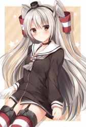 Rule 34 | 10s, 1girl, 3:, 3:&lt;, amatsukaze (kancolle), blush, brown eyes, dress, dress tug, garter straps, gloves, highres, kantai collection, long hair, looking at viewer, sailor dress, school uniform, serafuku, shirt tug, short dress, silver hair, single glove, solo, striped clothes, striped thighhighs, thighhighs, tomoo (tomo), twintails, two side up, v-shaped eyebrows, white gloves, zettai ryouiki