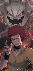 Rule 34 | 1boy, afro, black choker, choker, collared shirt, commentary request, creatures (company), fire, flint (pokemon), game freak, gen 2 pokemon, grey eyes, grin, hand up, highres, looking at viewer, male focus, nintendo, pokemon, pokemon (creature), pokemon dppt, red hair, shirt, short sleeves, smile, smirk, steelix, teeth, tsukumo (shiro bnal), wristband, yellow shirt