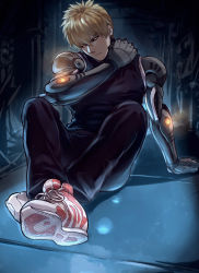 Rule 34 | 1boy, android, black pants, black sclera, black shirt, blonde hair, colored sclera, earrings, genos, jewelry, looking at viewer, male focus, mechanical arms, on floor, one-punch man, pants, red footwear, shirt, shoes, short hair, sitting, solo, yellow eyes, zawar379