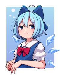 Rule 34 | 1girl, ahoge, blue bow, blue dress, blue eyes, blue hair, bow, bowtie, cirno, dress, fairy wings, hair bow, highres, ice, ice wings, looking at viewer, puffy sleeves, red bow, red bowtie, solo, touhou, umenodo, wings