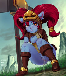 Rule 34 | 10s, 1girl, 2018, blacksmith poppy, blue skin, blush, boots, bottomless, brown footwear, brown gloves, brown jacket, cloud, colored skin, dated, fang, fang out, female pubic hair, gloves, grass, hammer, headgear, highres, jacket, league of legends, long hair, looking at viewer, open clothes, open jacket, pee, peeing, pointy ears, poppy (league of legends), pubic hair, puddle, pussy, red eyes, red hair, rock, shirt, short sleeves, sky, squatting, tan shirt, twintails, uliel, uncensored, war hammer, weapon, yordle