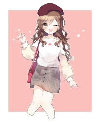 Rule 34 | 1girl, 417 (ionxx417), :3, ;d, absurdres, bag, bang dream!, beret, blush, border, brown hair, brown hat, cropped legs, earrings, fur sleeves, grey eyes, grey skirt, hand up, hat, highres, imai lisa, jewelry, long hair, long sleeves, looking at viewer, nail polish, one eye closed, open mouth, outline, paw pose, pencil skirt, pink background, pink nails, shirt, shoulder bag, skirt, smile, solo, wavy hair, white border, white outline, white shirt