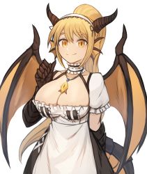 Rule 34 | 1girl, absurdres, animal hands, blonde hair, breasts, collarbone, commentary, commission, dragon (monster girl encyclopedia), dragon girl, dragon tail, dragon wings, dress, english commentary, fins, frills, hair between eyes, head fins, headdress, highres, horns, jewelry, large breasts, long hair, looking at viewer, monster girl encyclopedia, orange eyes, pendant, pixiv commission, ponytail, puffy short sleeves, puffy sleeves, scales, short sleeves, simple background, smile, solo, sookmo, tail, white background, wings