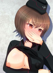 Rule 34 | 1girl, black hat, blush, breasts, brown eyes, brown hair, collarbone, covered erect nipples, covering own mouth, embarrassed, female focus, flashing, girls und panzer, hat, highres, kumaisao, kuromorimine military uniform, large breasts, looking away, military, military hat, military uniform, nipples, nishizumi maho, no bra, oppai challenge, shiny skin, short hair, solo, uniform, upper body