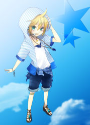Rule 34 | 1boy, agi (holic2007), green eyes, headset, highres, hood, hoodie, jewelry, kagamine len, male focus, necklace, open mouth, outstretched hand, sandals, short sleeves, shorts, sky, solo, star (symbol), vocaloid, whistle