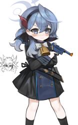Rule 34 | 1girl, absurdres, ako (blue archive), bell, black dress, black hairband, black socks, blue archive, blue eyes, blue hair, bow, closed mouth, commentary request, dokomon, dress, feet out of frame, fudo yusei, gloves, gun, hair between eyes, hairband, halo, handgun, highres, holding, holding gun, holding weapon, korean commentary, long hair, long sleeves, looking at viewer, luger p08, neck bell, simple background, socks, solo focus, standing, v-shaped eyebrows, weapon, white background, white bow, white gloves, yu-gi-oh!, yu-gi-oh! 5d&#039;s