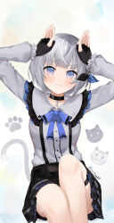 Rule 34 | 1girl, :t, absurdres, belt, black choker, black gloves, black shirt, blue bow, blue bowtie, blue eyes, blunt bangs, blush, bow, bowtie, cat tail, choker, choppy bangs, commentary, embarrassed, english commentary, fake tail, fingerless gloves, frilled shirt collar, frilled sleeves, frills, gloves, grey hair, grey shirt, hands up, highres, hololive, hololive indonesia, jirai kei, long sleeves, looking at viewer, miniskirt, official alternate costume, official alternate hair length, official alternate hairstyle, pleated skirt, pout, rabbit pose, shirt, short hair, skirt, solo, suspenders, tail, twitter username, vestia zeta, vestia zeta (jirai kei), virtual youtuber, zinkaa