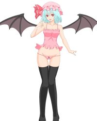 Rule 34 | 1girl, bad id, bad pixiv id, bare shoulders, bat wings, black thighhighs, blue hair, bow, bow panties, breasts, camisole, collarbone, groin, hat, hat ribbon, lingerie, midriff, mob cap, moya-shi, moya;c, navel, panties, pointing, pointing at self, red eyes, remilia scarlet, ribbon, short hair, simple background, solo, thighhighs, tongue, tongue out, touhou, underwear, white background, wings