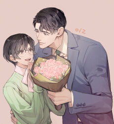 Rule 34 | 1boy, 1girl, black hair, blue jacket, bouquet, commentary request, flower, glasses, green necktie, green shirt, holding, holding bouquet, hug, jacket, kobayashi sumiko, long sleeves, looking at another, meitantei conan, necktie, numbered, open mouth, palms together, shiratori ninzaburou, shirt, short hair, simple background, smile, wing collar, yoshicha