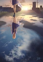 Rule 34 | 1girl, blue dress, brown footwear, building, dated, dress, facing away, grass, highres, lens flare, original, outdoors, ponytail, power lines, puddle, reflection, reflective water, road, shoes, sunrise, umbrella, youzixiaoming