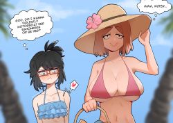 Rule 34 | 2girls, blush, breast conscious, breasts, cleavage, english text, flower, glasses, hand on headwear, hand up, hat, hat flower, heart, height difference, highres, holding, large breasts, looking at breasts, multiple girls, navel, original, outdoors, penelope (ms pigtails), pink flower, rectangular eyewear, shadow, sky guy art, thought bubble, tree, zoe (ms pigtails)