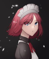 Rule 34 | 1girl, absurdres, apron, black background, blue eyes, code nt, from side, highres, hisui (tsukihime), looking at viewer, maid apron, maid headdress, neck ribbon, open mouth, red hair, red ribbon, ribbon, short hair, solo, tsukihime, upper body, white headdress