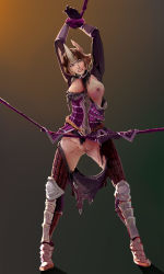 Rule 34 | 1girl, absurdres, armor, armored boots, arms up, ass, bdsm, blood, bondage, boots, bound, breasts, broken armor, brown eyes, brown hair, chainmail, clenched teeth, cuts, female focus, full body, gradient background, grimace, hair ornament, headdress, highres, injury, large breasts, lips, lipstick, makeup, medium hair, nipples, parted bangs, parted lips, pussy, sengoku musou, simple background, solo, tachibana ginchiyo, teeth, thighs, tiptoes